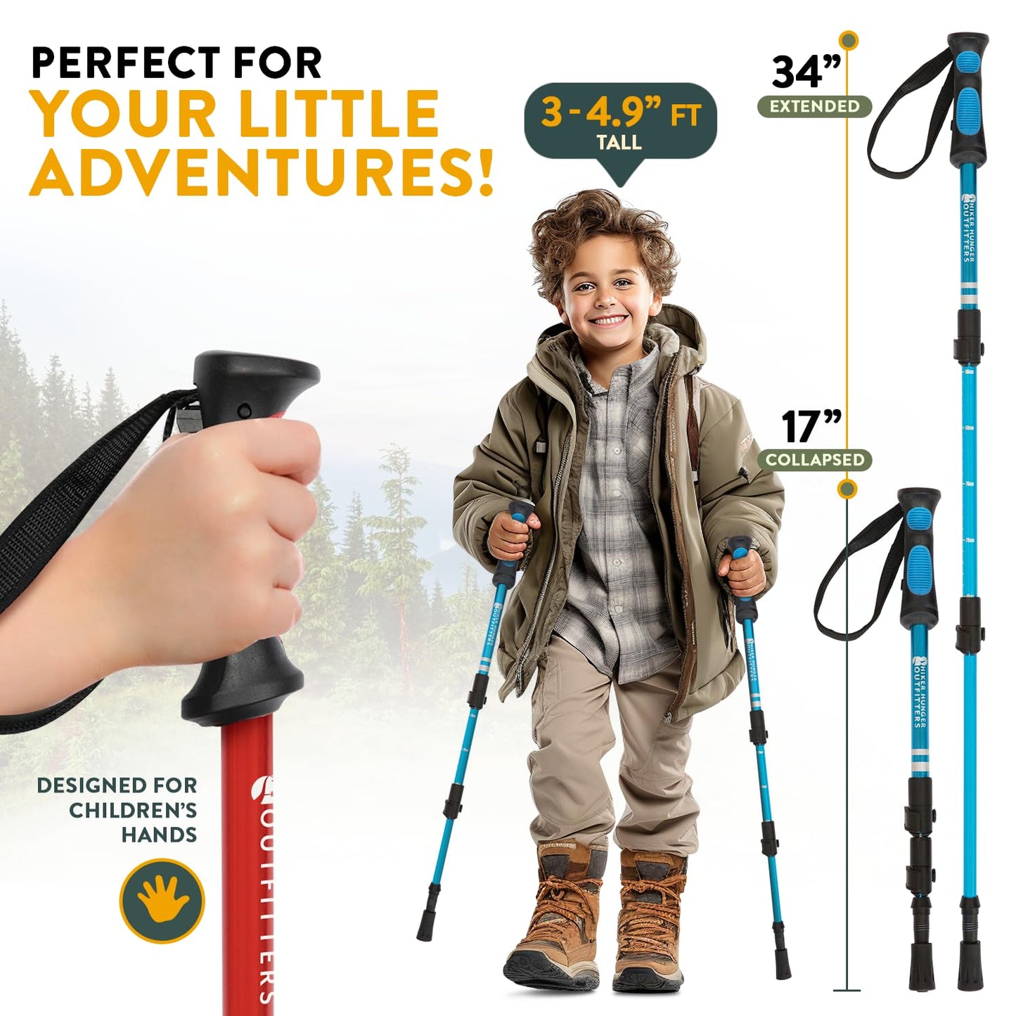 Kids Hiking Poles by USA Brand - Lightweight Collapsible Kids Walking Stick w/Quick Adjustable Flip Locks