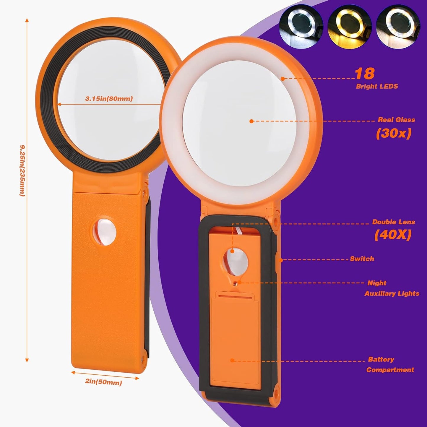 30X 10X Magnifying Glass with Light and Stand, Foldable Handheld Magnifying Glass 18 LED Illuminated Lighted Magnifier for Macular Degeneration, Seniors Reading, Close Work, Coins, Jewelry