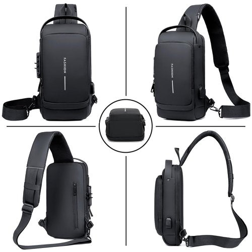 ISDULA Sling Bag for Men Anti-Theft USB Crossbody Bags Waterproof Chest Daypack Waterproof Shoulder Backpack (Black)