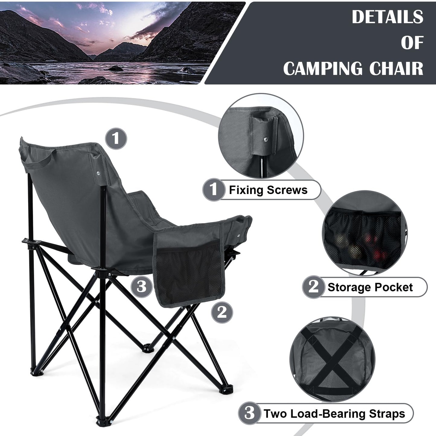 Leonyo Camping Chair, Oversized Folding Camping Chair, Heavy Duty Portable Moon Chair with Carry Bags, Outdoor & Lawn Chairs for Outside Camping, Fishing, Travel, Beach and Sports (Grey)