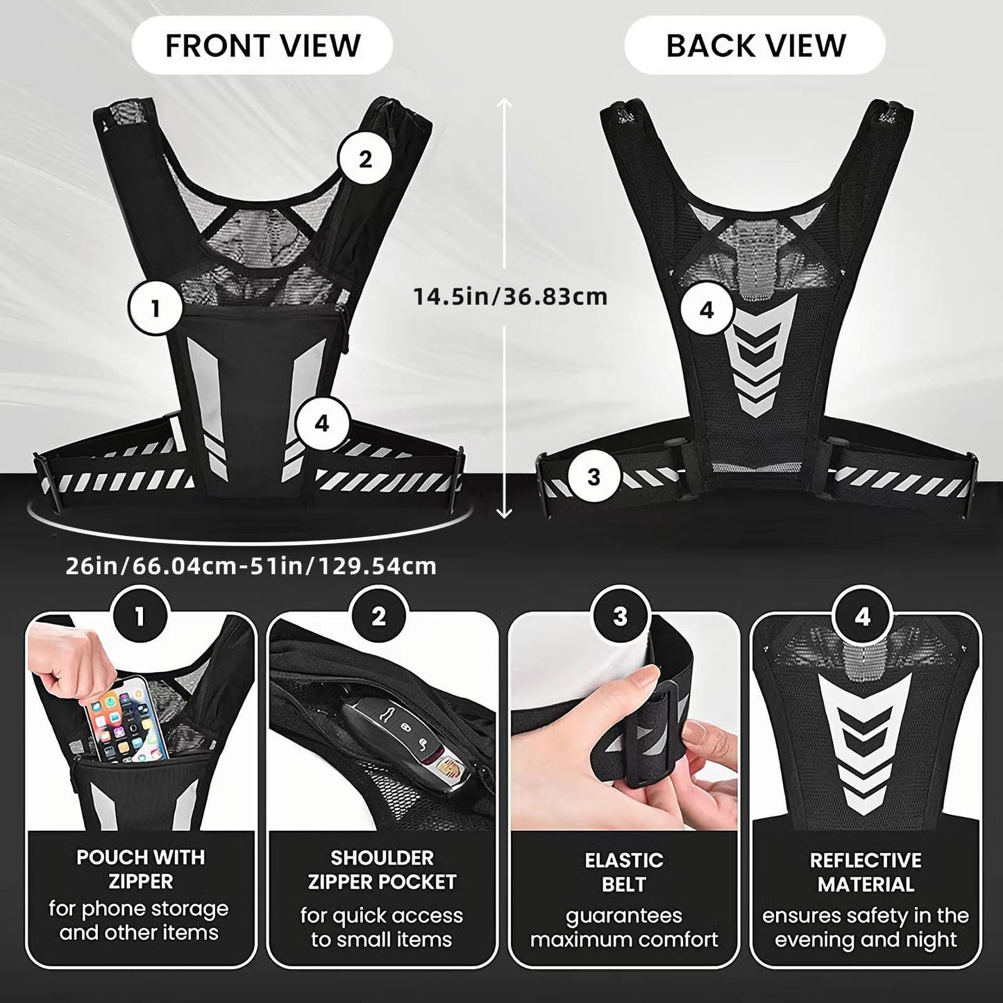 AANDD Running Vest with Phone Pocket Lightweight Adjustable Reflective Jogging Vest Marathon Run Vest with Pockets for Women Men with Headband Black