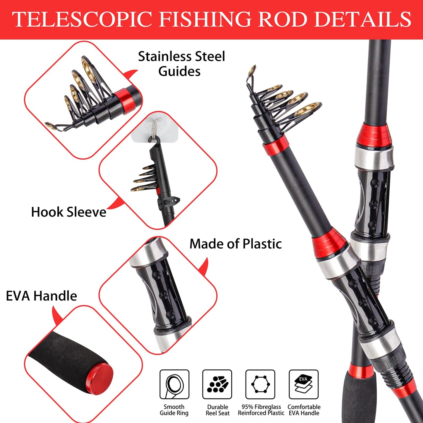 I00000 Black and Red Fishing Rod and Reel Combos with Fiberglass Telescopic Fishing Pole - Spinning Reel Fishing Carrier Bag, Freshwater and Saltwater Fishing Rod Kit,Travel Fishing Kit for Bass Trout