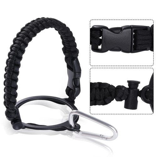 SUMERSHA 2Pcs Paracord Handle Fits Wide Mouth Bottles 12oz to 64oz - Water Bottle Paracord Handle Strap with Carrier Strap Cord, Safety Ring and Carabiner, Black