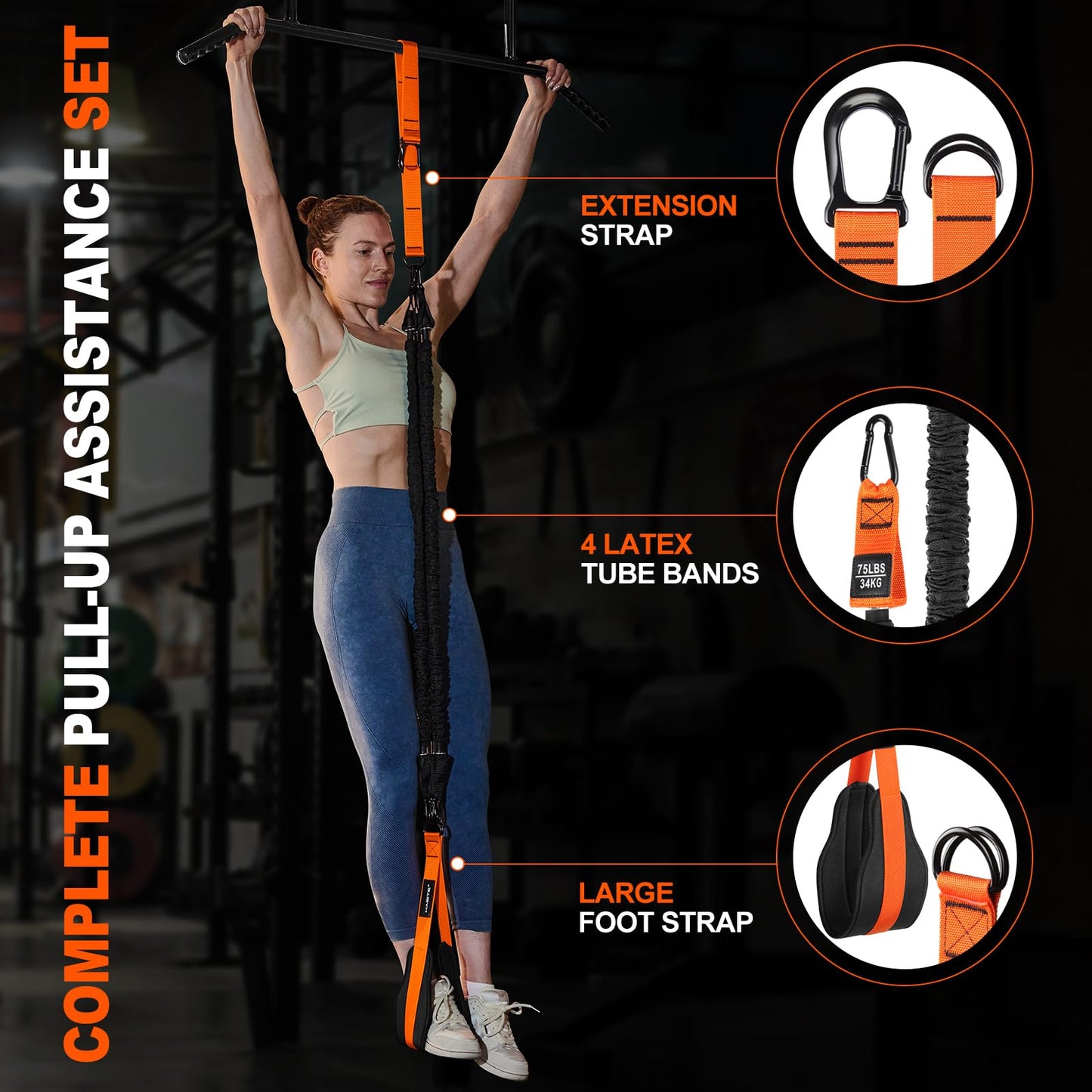 Pull Up Assistance Bands Set - 4 Heavy Duty Resistance Bands 300lbs, Adjustable Weight/Size with Footrest, Home Gym Strength Training (Orange)