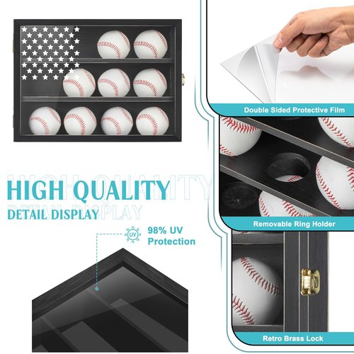 Retro Baseball Display Case Holds 12 Balls, 11"x16" Baseball Storage Box with HD Acrylic Glass, Wall Mount Baseball Ball Holder Stand with Flag for Collectors and Autographed Balls