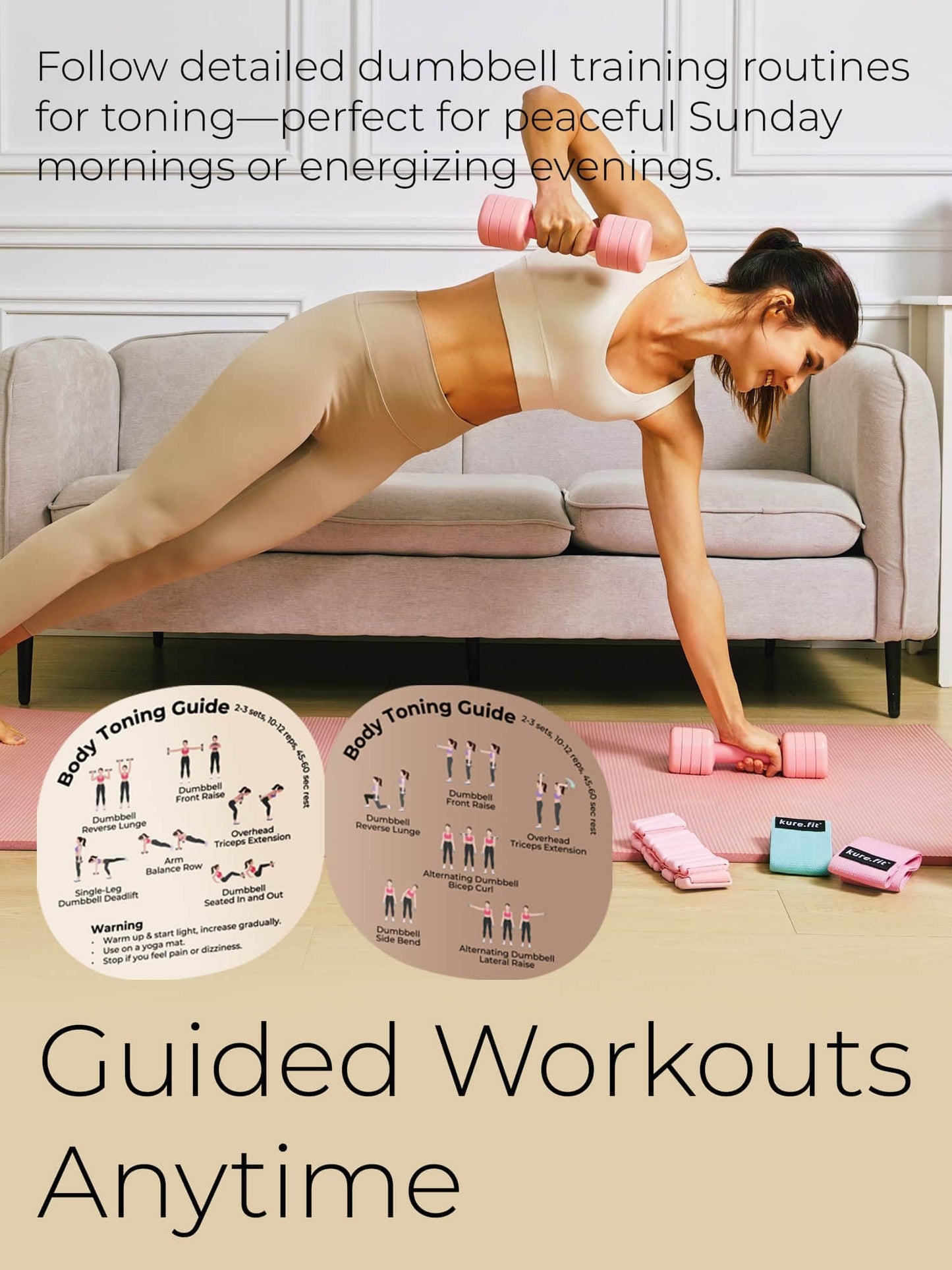 kure.fit Adjustable Dumbbell Set|2LB 3LB 4LB 5LB Light Hand Weights for Women|One-Twist Weight Adjustment|Non-Slip Curved Grip Handle|Free Weights for Home Gym, Rehab, Pilates, Yoga, Strength Training