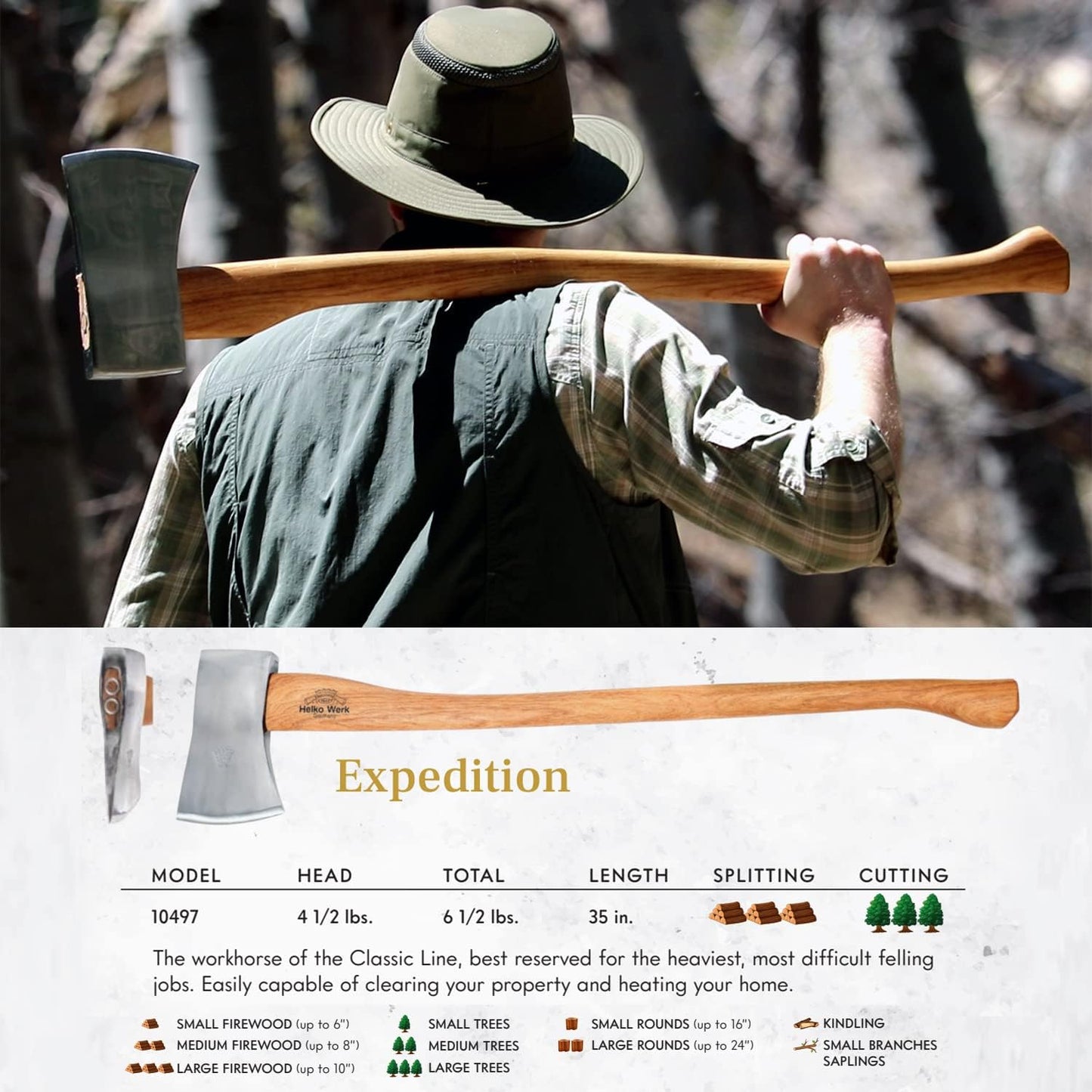 1844 Helko Werk Germany Classic Journeyman Pack Axe - Made in Germany Lightweight and Compact Backpacking Axe and Bushcraft Axe for Camping - Head 1.5 lbs, Handle 20 in. (Journeyman) #11441