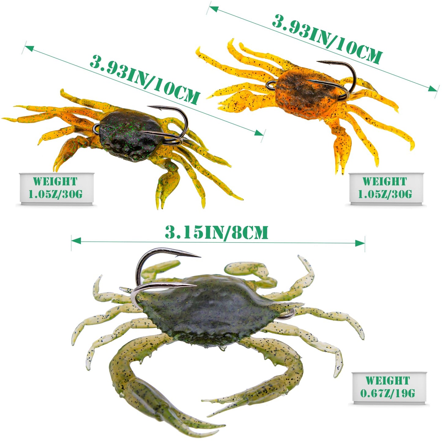 FishingPepo 3Pcs Fishing Soft Plastic Lures Crab Soft Lure with Double Fishing Hooks Crab Baits Traps Kit for Bass Saltwater Fishing