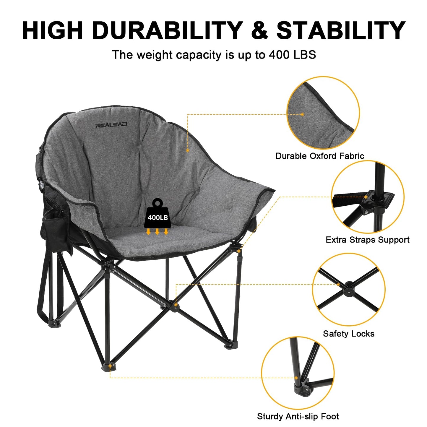 REALEAD Oversized Heated Camping Chair | Fully Thick Padded | Heated Chairs for Outdoor Sports with Back and Seat Heating | Heated Folding Chair for Adults | Support 400lbs | Battery NOT Included