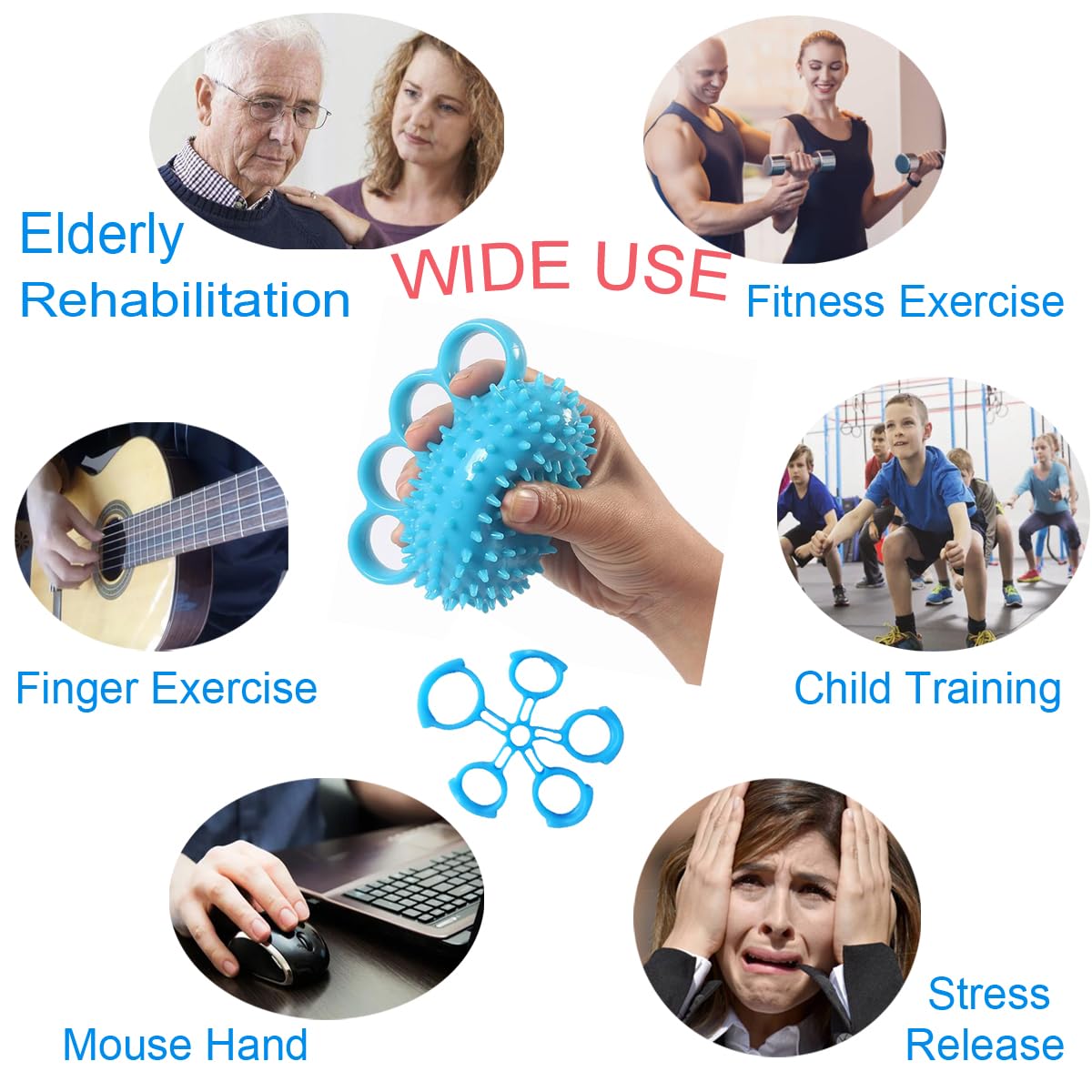 Hand Exerciser Ball and Finger Stretcher, Hand Grip Strengthener Trainer, Squeeze Balls, Wrist Pain Relief (Blue)