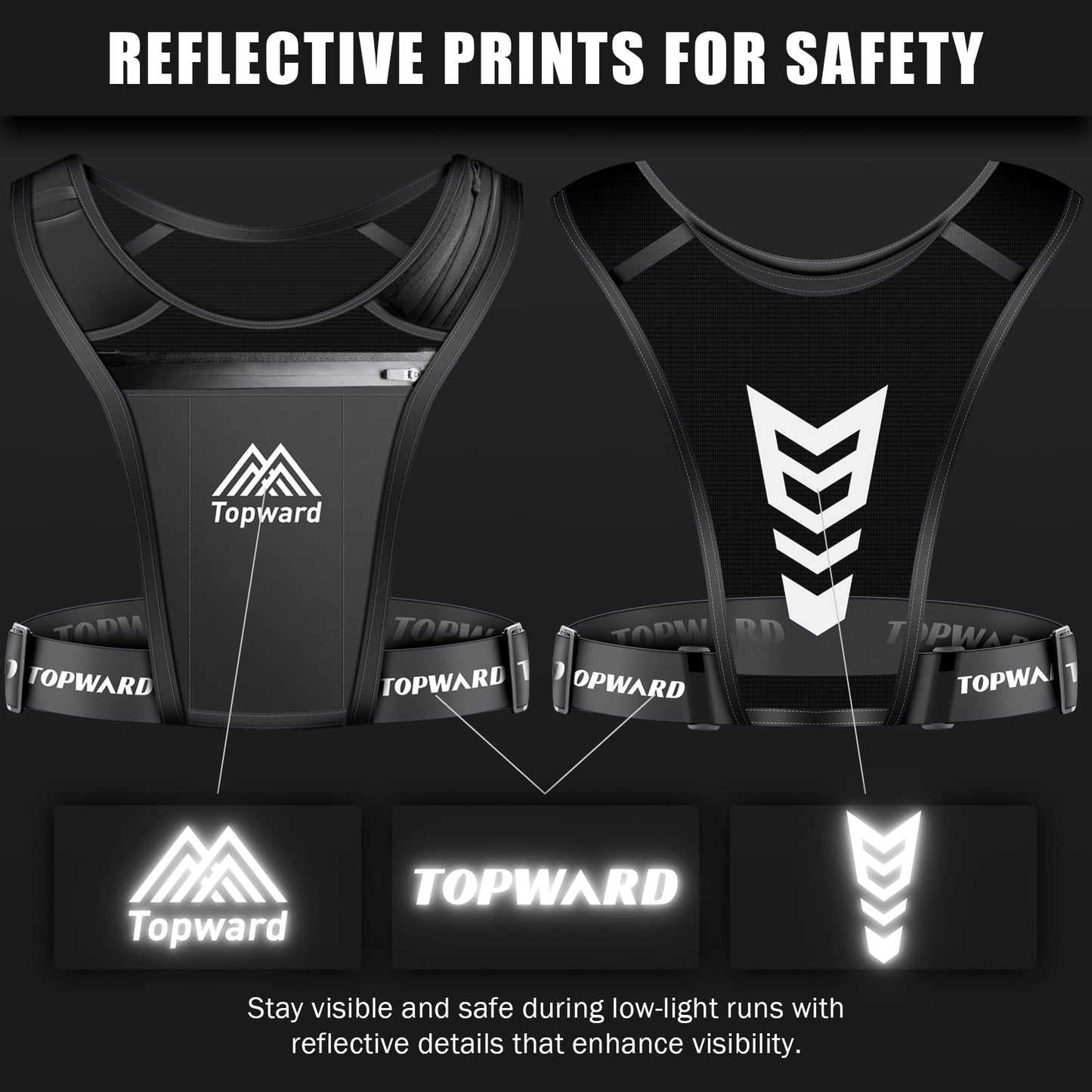 Topward Running Vest Phone Holder for Men Women, Waterproof Cell Phone & Key Pouch, Reflective Hydration Vest Train Free Workout Gear - Lightweight, Breathable Mesh Pockets - Adjustable Waistband