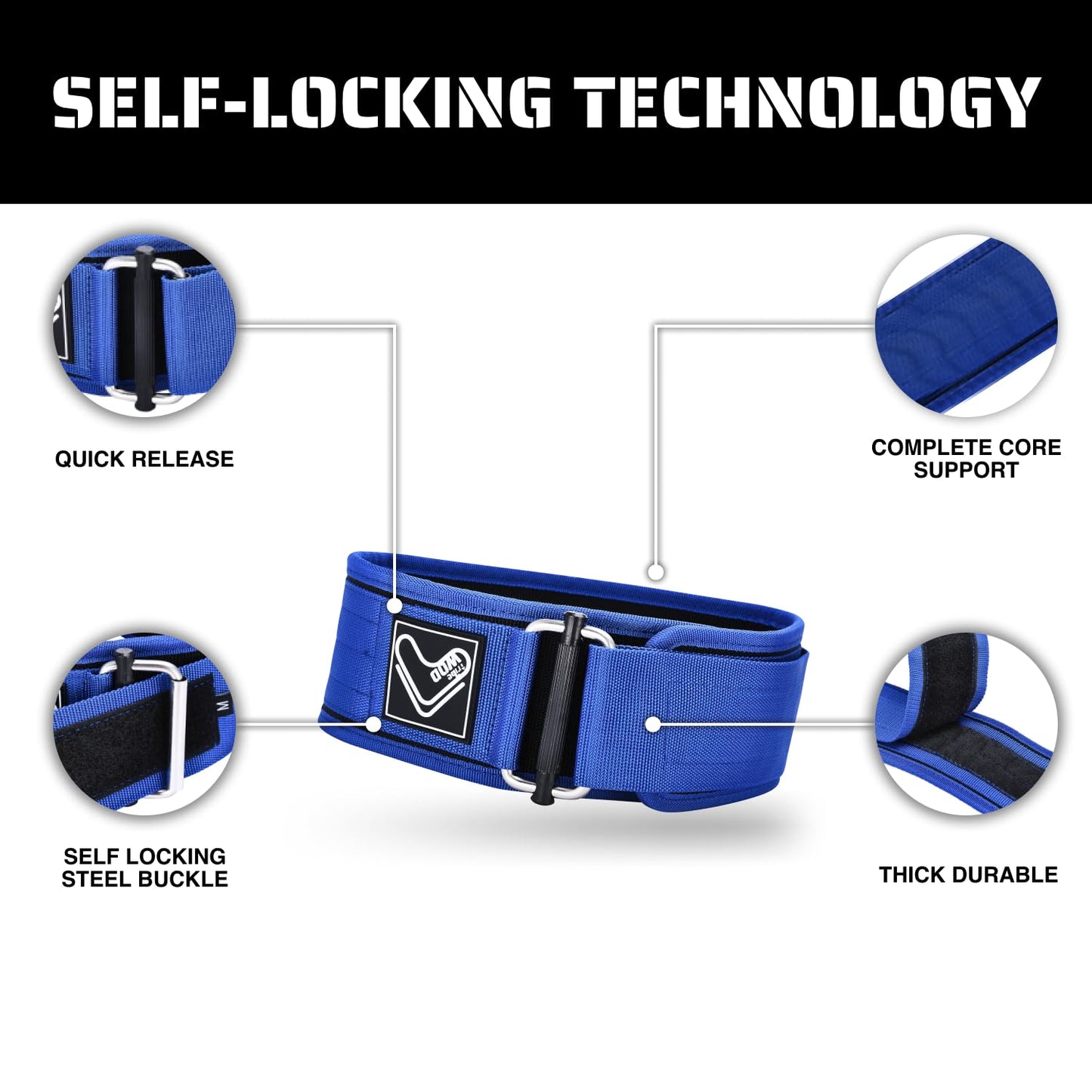 Tribe WOD Self-Locking Weight Lifting Belt - Olympic Powerlifting Gym Belt for Stability & Intra-Abdominal Pressure Control - Ideal for Squats, Deadlifts, Heavy Workouts - 3.9Lx35.4Wx0.78H in - Blue