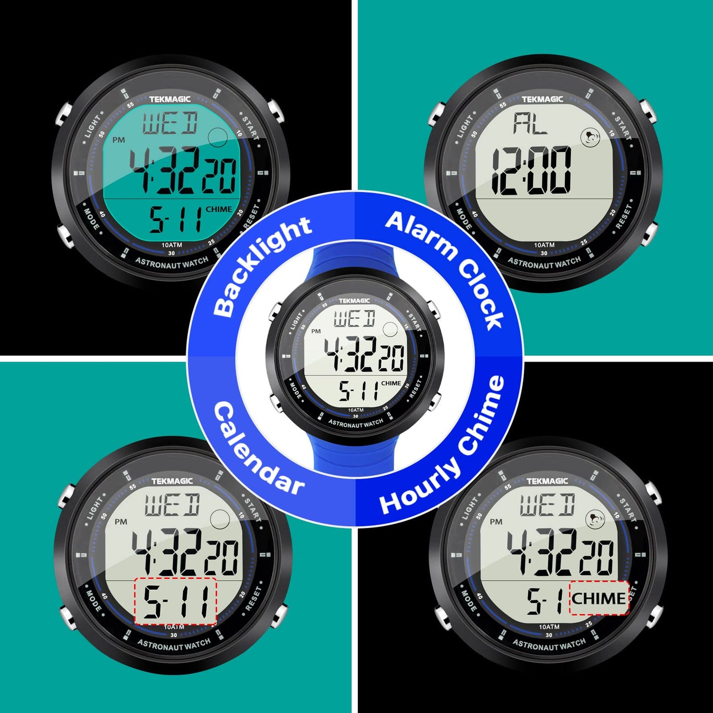 ILAME 10 ATM Water Resistant Sports Watch for Swimming and Diving, with Functions of Stopwatch, Countdown, Dual Time, Alarm Clock, 12 and 24 Hour Format Switchable