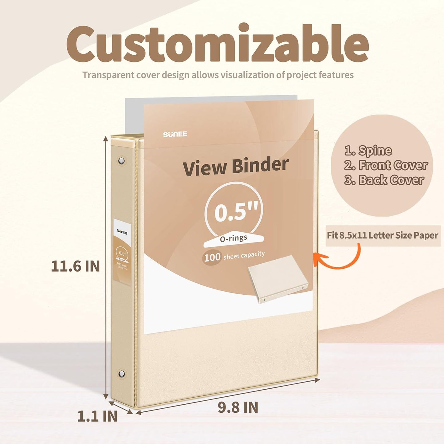 SUNEE 3 Ring Binder 1.5 Inch 4 Pack, Clear 1 1/2 Inch View Binder Three Ring PVC-Free (Fit 8.5x11 Inches) for School or Office Supplies, Neutral Aesthetic