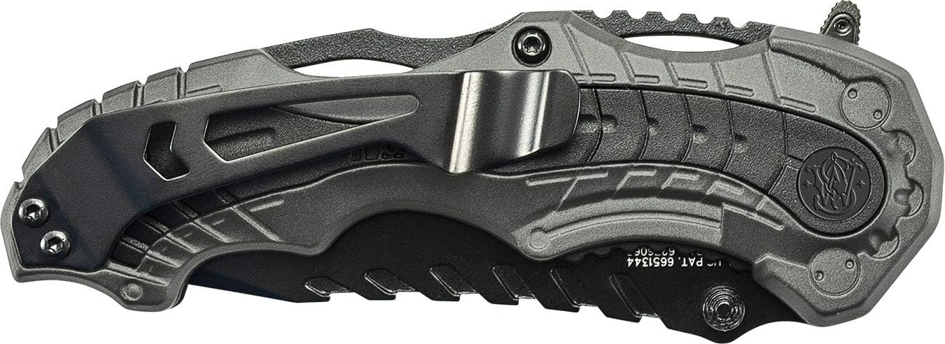 Smith & Wesson SWMP6 7.7in High Carbon S.S. Assisted Folding Knife with 3.4in Clip Point Blade and Aluminum Handle for Outdoor, Tactical, Survival and EDC,Black