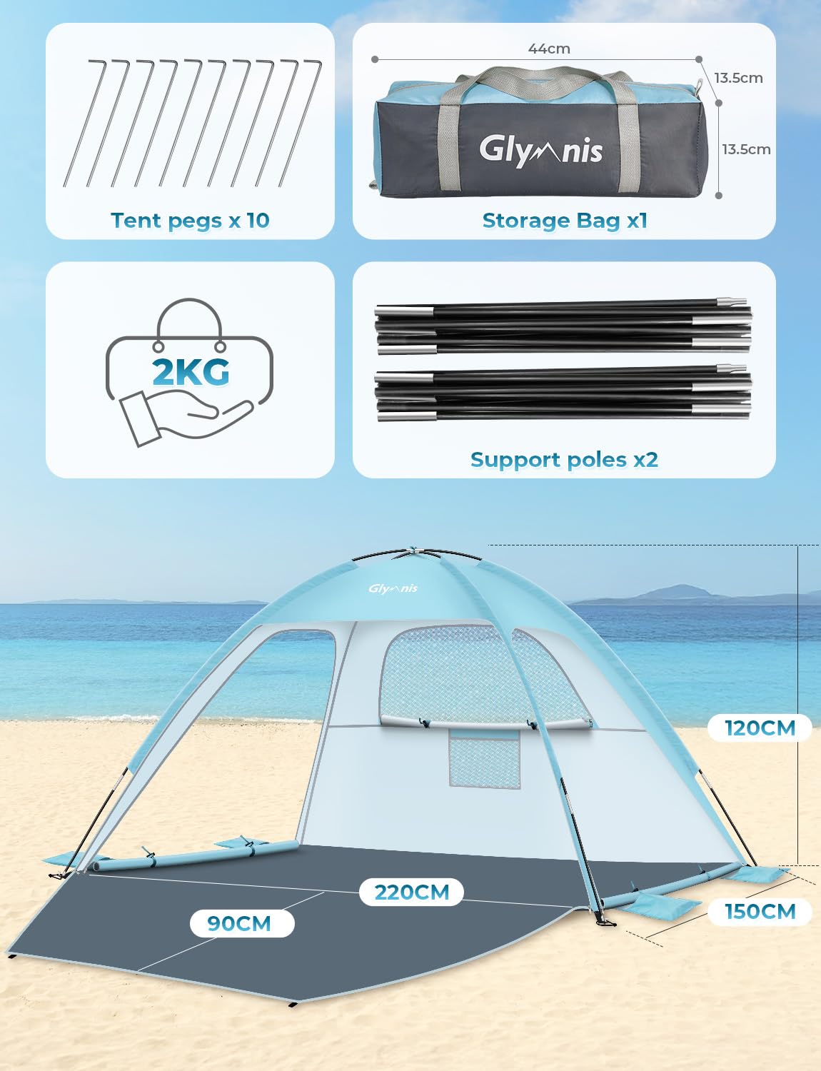 Glymnis Beach Tent Sun Shelter for 3 Person with UPF 50+ UV Protection, Lightweight & Easy Setup Beach Shade Canopy with Vent Windows & Zippered Door
