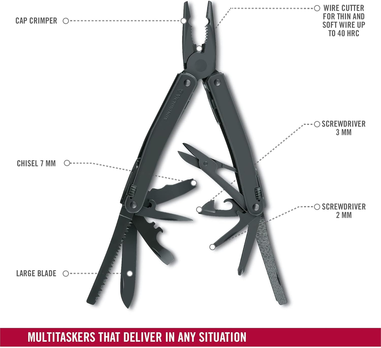Victorinox Swiss Tool Swiss Army Knife, 24 Function Swiss Made Multi-Tool with Needle-Nose Pliers, Wire Cutters and Large Blade - Silver