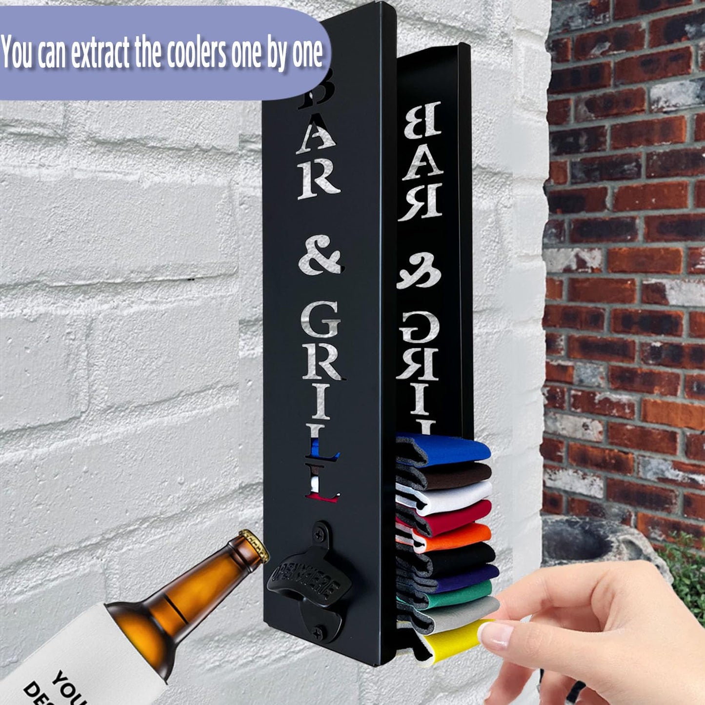 4"x4"x16"Can Cooler Holder with Bottle Opener, Beer Can Sleeves Storage Organizer and Dispenser for Home Family Bar, Metal (BAR)