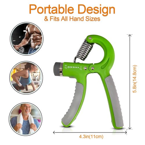 Grip Strength Trainer Kit (6 Pack) – Adjustable Hand Grip Strengthener, Finger Strengthener & Forearm Trainer with Stress Relief Ball for Muscle Building & Recovery – Adjustable Resistance Ranging From 11 to 132 Lbs (5 to 60 Kg) - Green