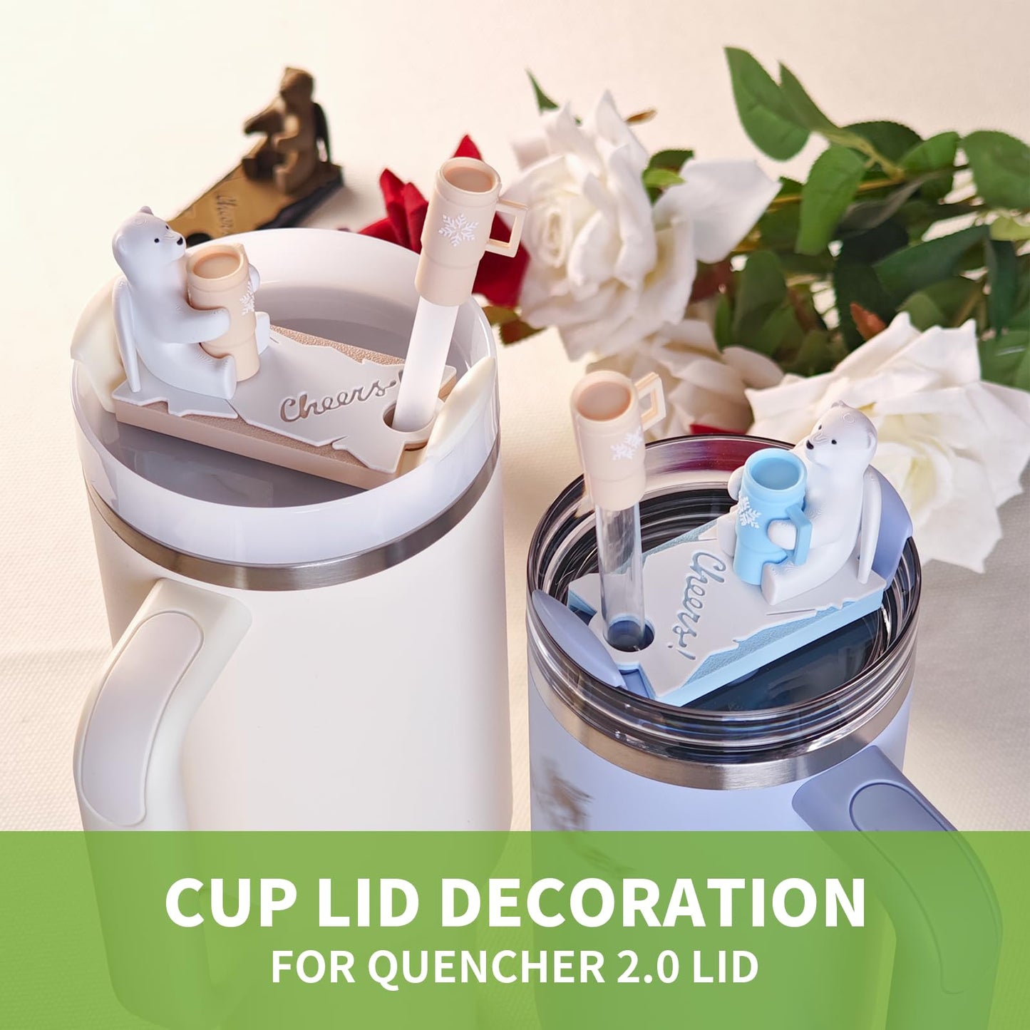 Angel Bear Name Plate with 2PCS Straw Caps for Stanley Cup Cute Funny Accessories for Man & Woman Gift (Bear Cheers 40oz Purple)