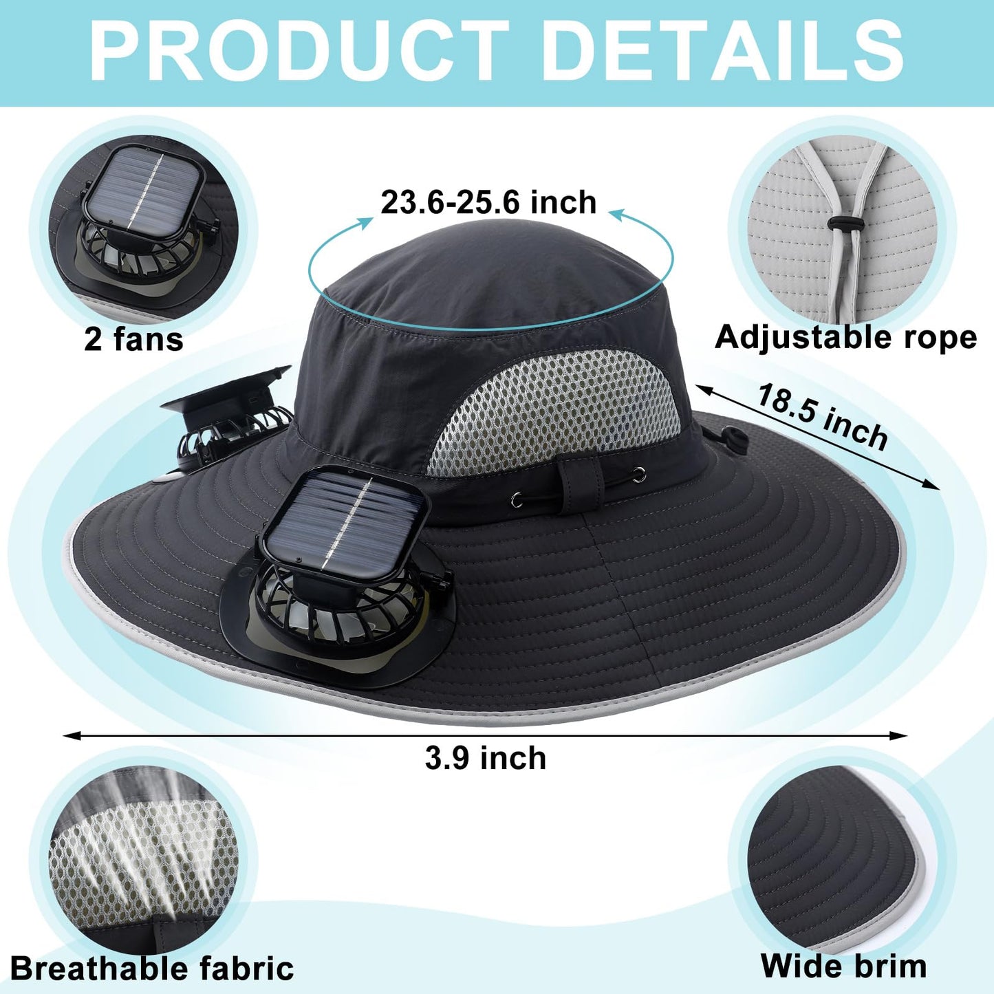 Glitopper 2 Set Wide Brim Solar Fan Hats with 2 Solar Fan and Arm Sleeves Set Outdoor Fishing Bucket Hat for Men Women Hiking(Dark Grey and Khaki,Simplicity)