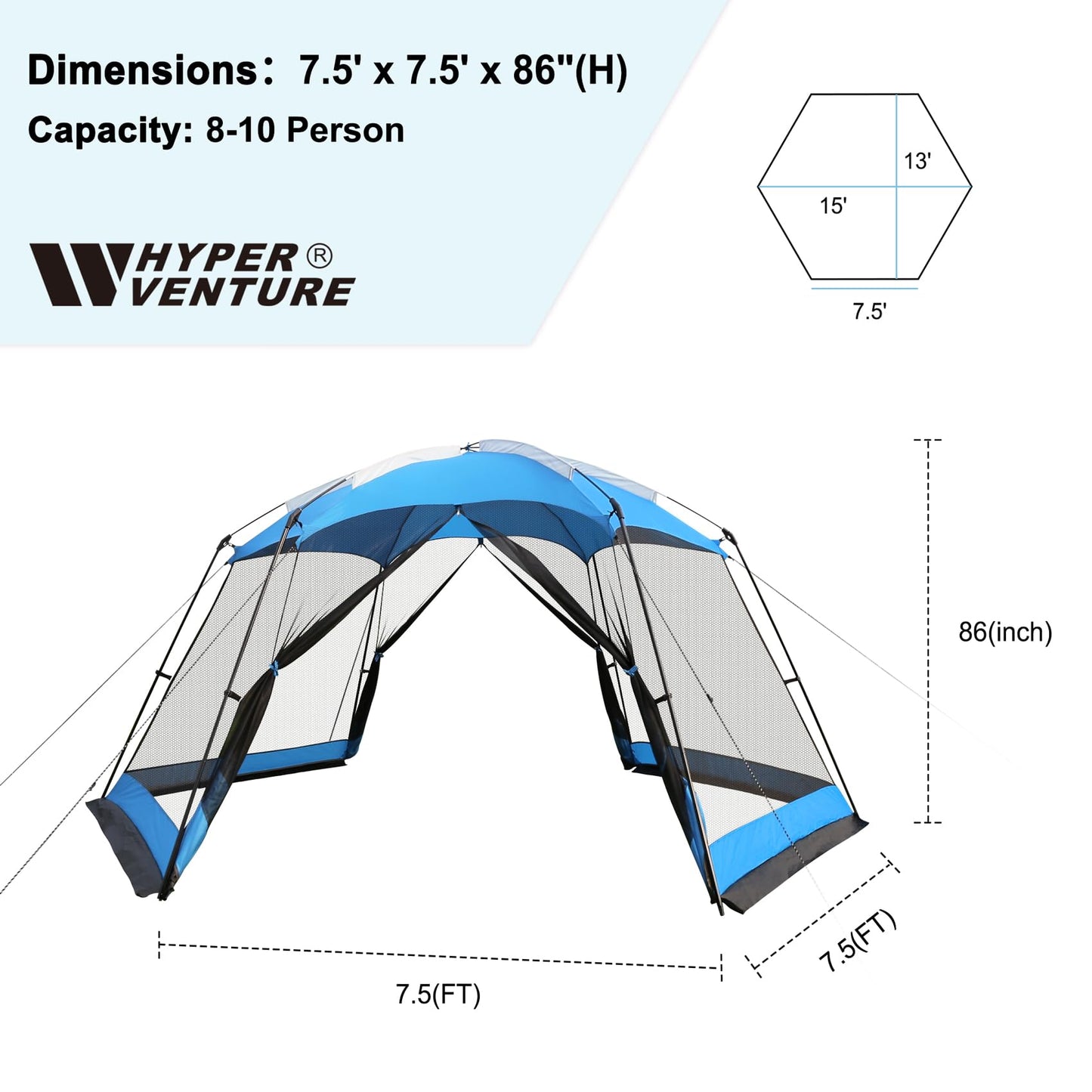 Hyper Venture Screen House 15x13 FT Mesh Canopy Tent Camping Gazebo Shelter for 8-10 People Outdoor Party Activities