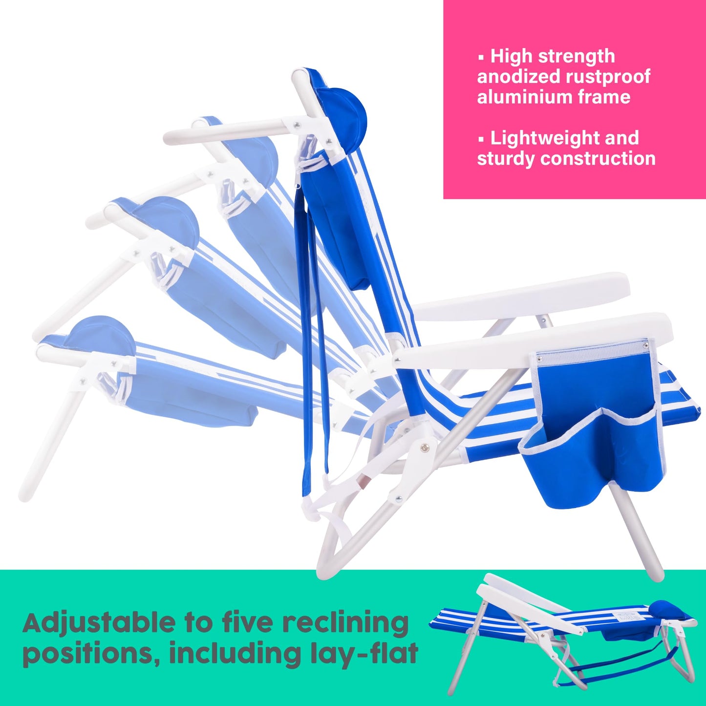 Luxury Sturdy Extra Comfort Backpack Beach Chair/Bundle of 2 Units (Blue White Stripes)