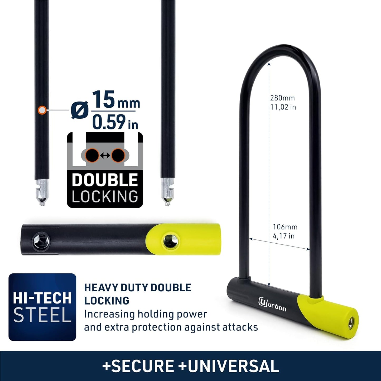 Urban 12U300 Bicycle U Lock with Bracket, Heavy Duty Bike Lock Anti Theft, Optimum Size 105X280mm, Universal Anti-Theft Bicycle Shackle Lock