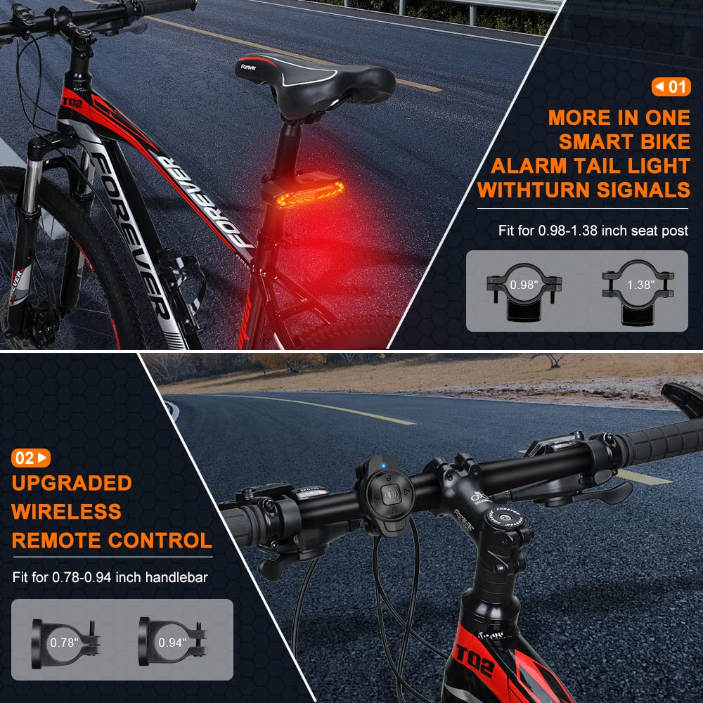 ONVIAN 2 Pack Smart Bike Tail Light with Turn Signals, Bike Alarm with Wireless Control Remote, USB Rechargeable Rear Bike Light, IP65 Waterproof Auto ON/Off Bicycle Lights for Night Riding