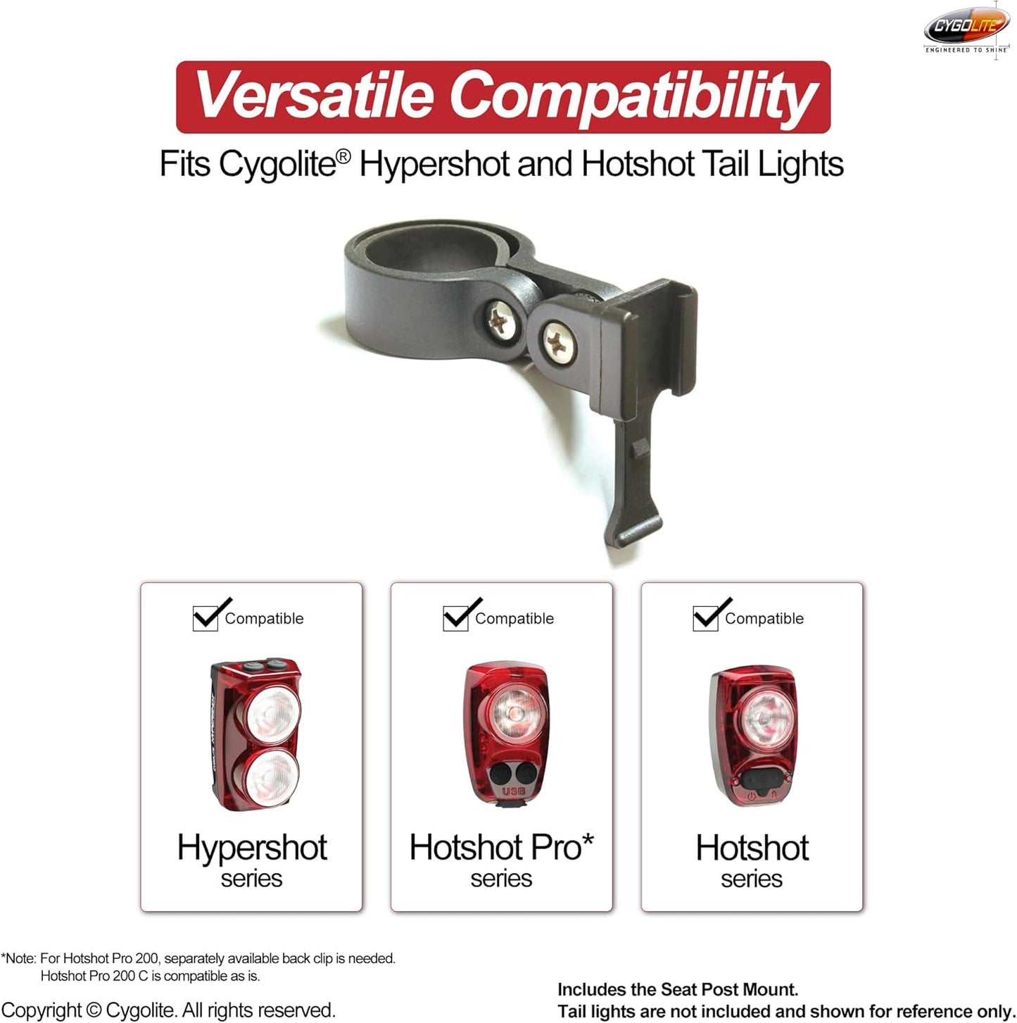 Cygolite Seat Post Mount for Hypershot, Hotshot Pro, and Hotshot Bicycle Tail Light Series with Hard Mounts