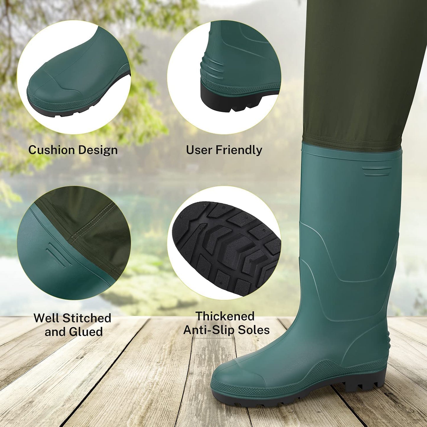 Gonex Chest Waders Hunting Fishing Waders for Men Women Waterproof 70D Nylon Wader for Duck Hunting Fishing, Green, Sizes 13