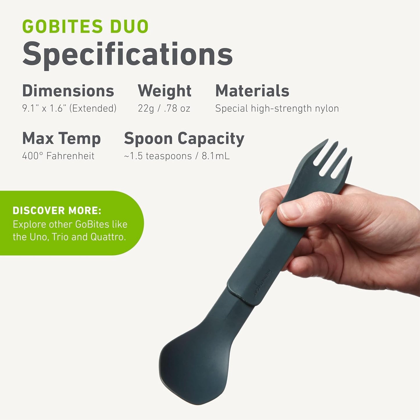 humangear GoBites Duo and Bio Duo Travel Silverware, Full Size Portable Fork & Spoon, Reusable Utensil Set, PC and BPA-free, Food-Safe Nylon or Plant-Based Resin, Extended - 9.1” X 1.6”
