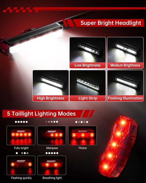 Bike Lights for Night Riding, 6 LED 4800mAh Super Bright Aluminum USB Rechargeable Bicycle Light Set, IPX5 Bike Headlight and Taillight, LED Front Rear Light Accessories for Adults Kids Road Mountain