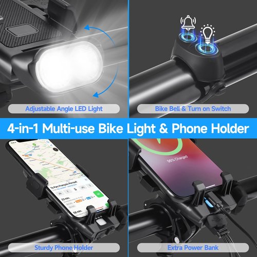 HITASTAR USB Rechargeable Bike Phone Mount LED Bike Headlight with Power Bank 3 Modes Easy to Install Rainproof Cycling Front Lamp Fits All Bicycles Power Bank and Phone Holder