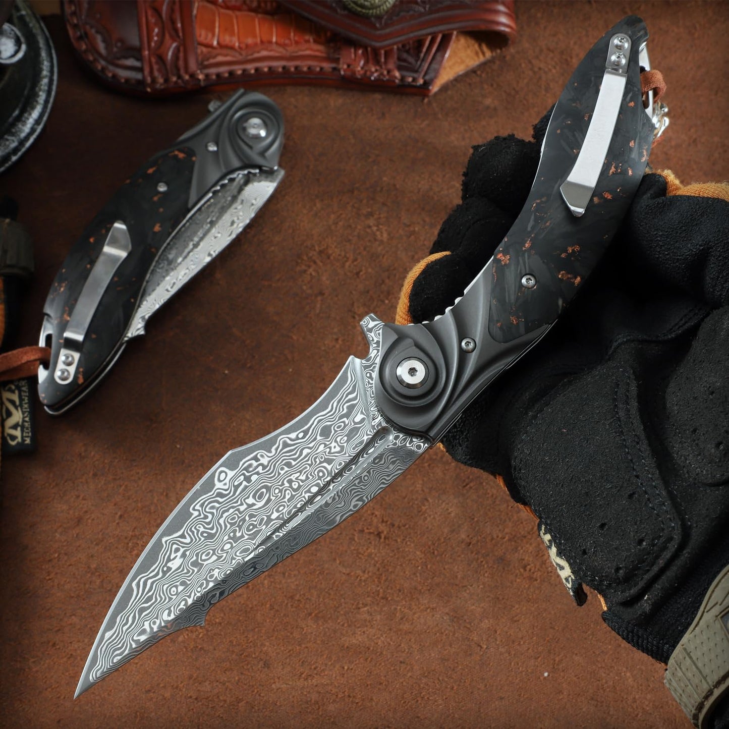 ALVELY handmade Folding Pocket Knife,Japanese Damascus steel 3.9in blade Men's folding knife,with Pocket Clip Leather Sheath,liner lock, Carbon Fiber Handle,fit EDC Outdoor camping Survival,gift