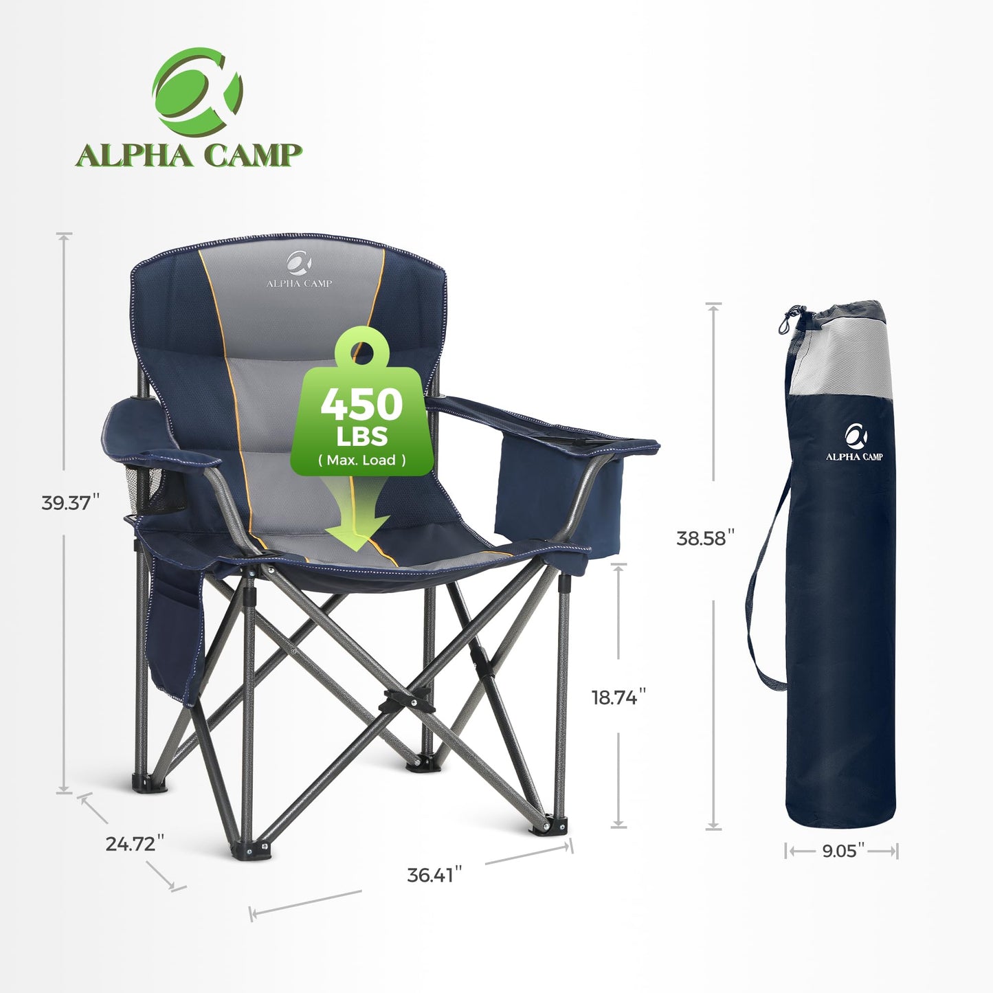 ALPHA CAMP 2PC Oversized Camping Chair Heavy Duty Lawn Chair with Cooler Bag Support 450 LBS Steel Frame Collapsible Padded Arm Quad Lumbar Back Folding Chair for Lawn Outdoor,Navy Blue