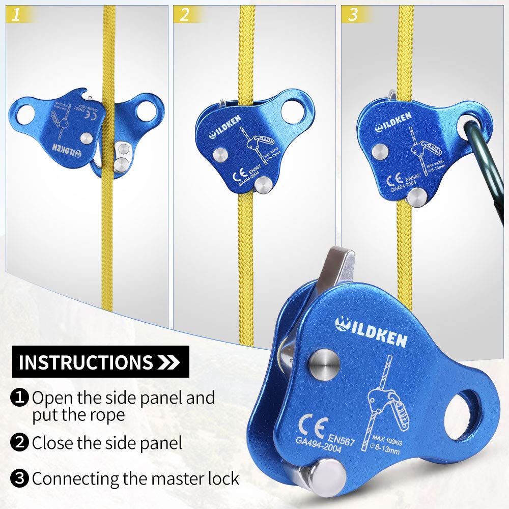 WILDKEN Climbing Hand Ascender, Fall Protection Belay Device Climbing Rope Grab for Rock Climbing Mountaineering Tree Arborist Expedition Caving Rescue Aerial Work