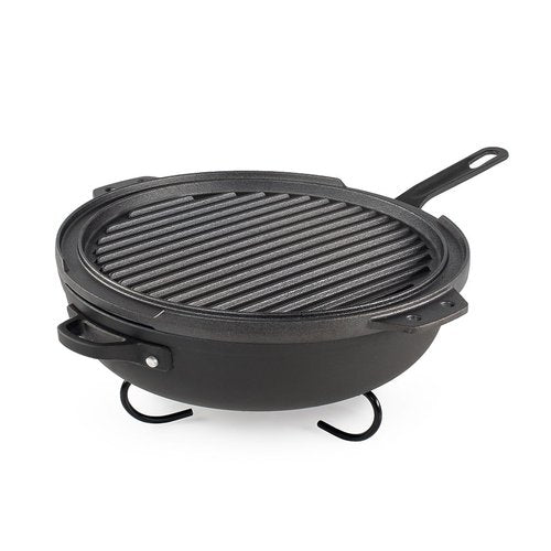 GSI Outdoors Guidecast Outdoor Cookset: 10" Deep Frypan with Dome Lid, Dual-Sided Cast Iron Griddle/Grill, Removable Handles