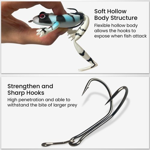 Pristis 3 pcs 4-Legged Frog Lures, Lifelike Topwater Soft Bass Fishing Bait Kit with Hollow Body & Weedless Hook for Saltwater Freshwater, Realistic Eggs Set for Trout Snakehead Pike Muskie Walleye