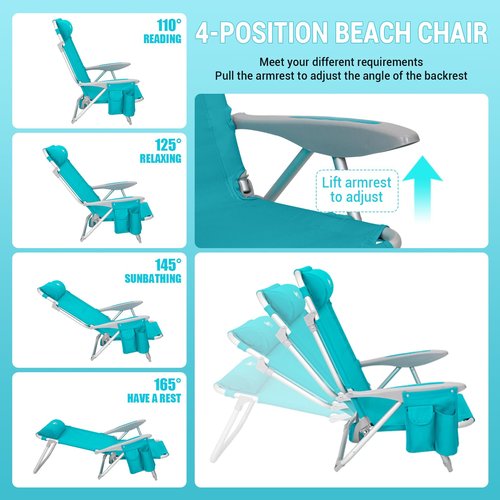 #WEJOY Lightweight Low 2 Pack Beach Chair for Adults, 4-Position Aluminum Folding Camping Chairs with Backpack Strap, Cup Holder and Padded Headrest, Supports 265lbs for Lawn Outdoor Cyan
