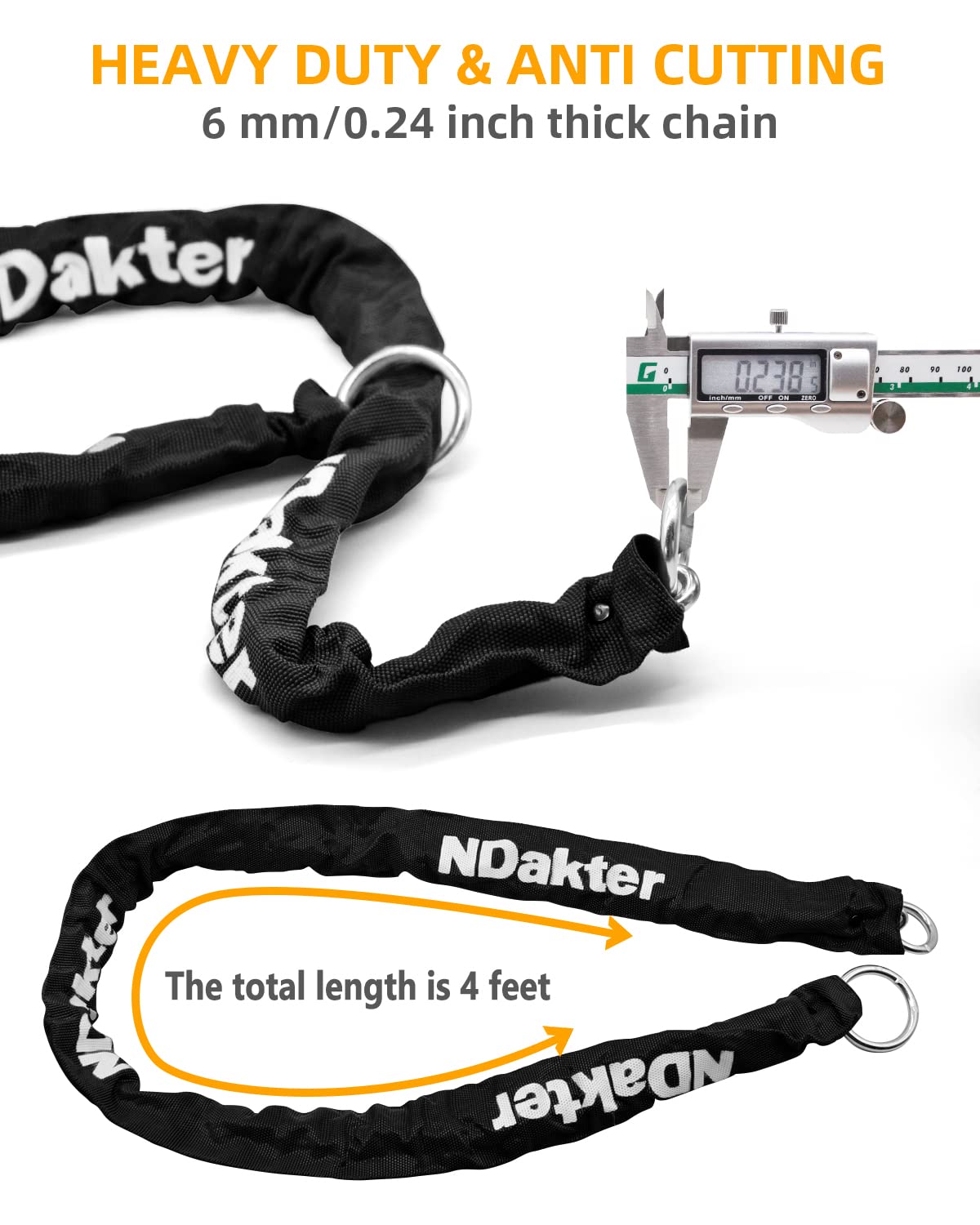 NDakter Bike Locks Heavy Duty Anti Theft 18mm Thick, Motorcycle U Lock with 4FT x 6mm Moped Chain, 3Keys Large U-Shape Electric Bicycle Wheel Lock for Ebike, Escooter, Fat-Tire Dirt-Bike, Tricycle