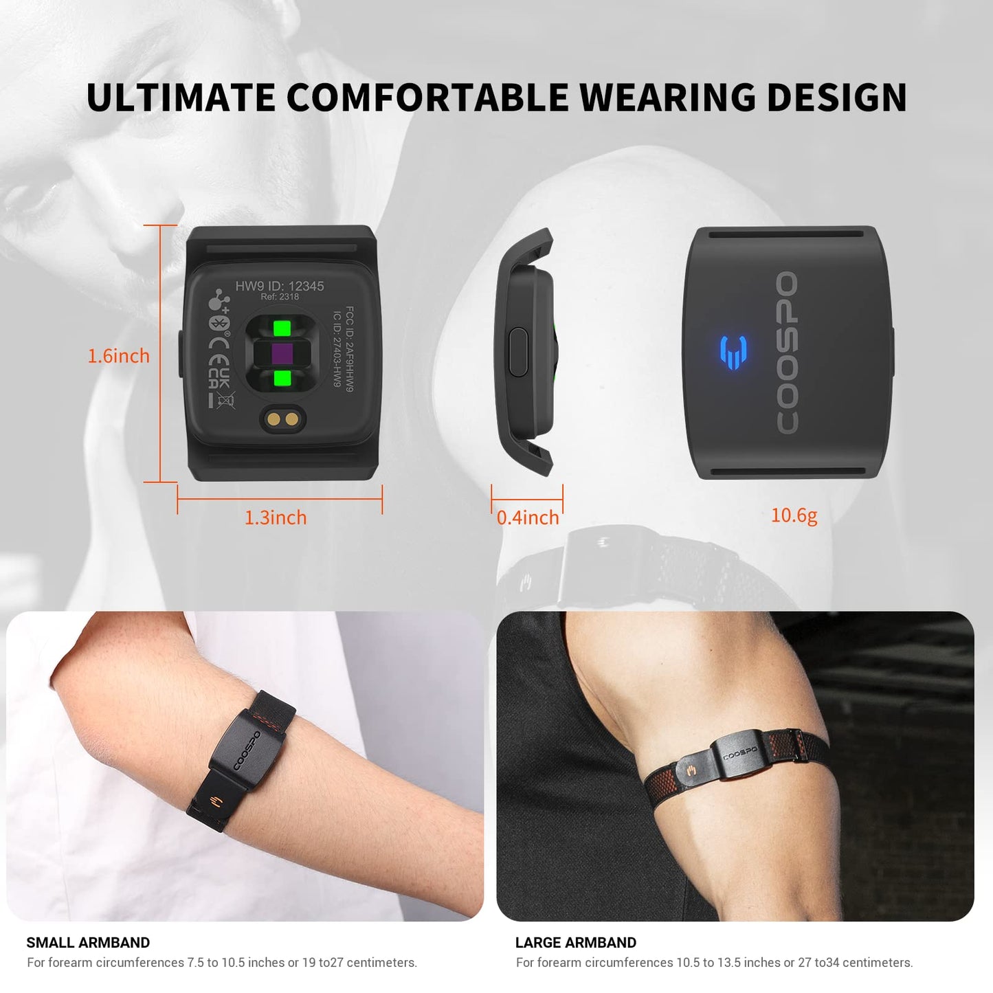 COOSPO HW9 Heart Rate Monitor Bluetooth ANT+ Armband with Accurate HR Zones/Calories Burned Data, HRM Optical Sensor for Fitness Training/Cycling/Running,Compatible with Peloton,DDP Yoga,Wahoo APP