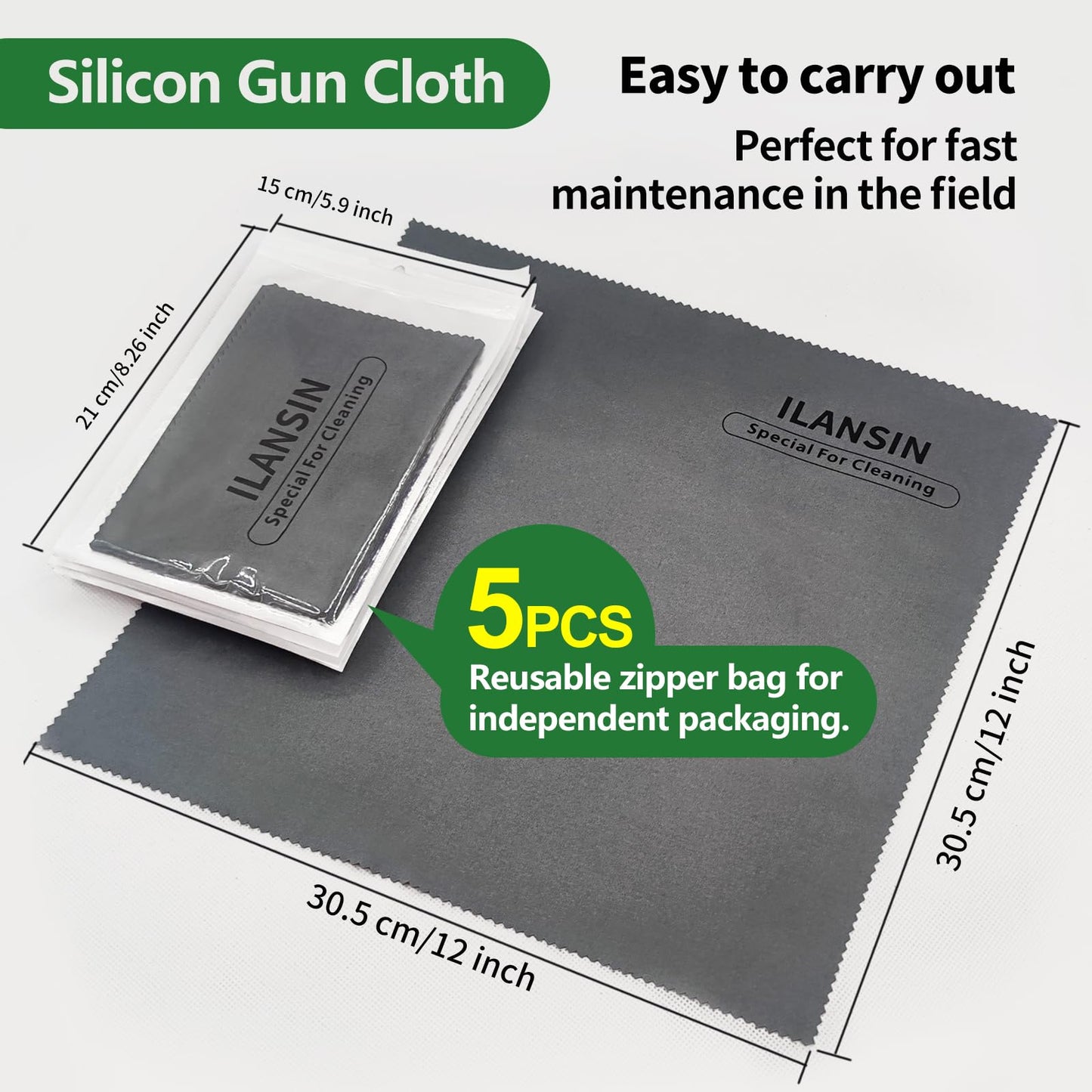 ILANSIN Silicon Gun Cloth 5 Pack 12'' ×12'' Gun Cleaning Cloths Lint Free - Gun Cleaning Wipes with Silicon Gray Gun Cleaning Rags for Gun Cleaning/Polishing Silicon Rags/Rust Wipes