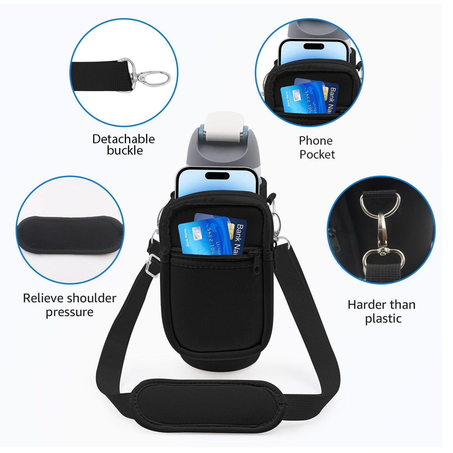 for Owala FreeSip Insulated Stainless Steel Water Bottle Cup Holder Cover Carrier Sling Bag with Strap, Pouch Pocket for Phone/Accessories, add Handle for Owala 40oz (Black-40oz)