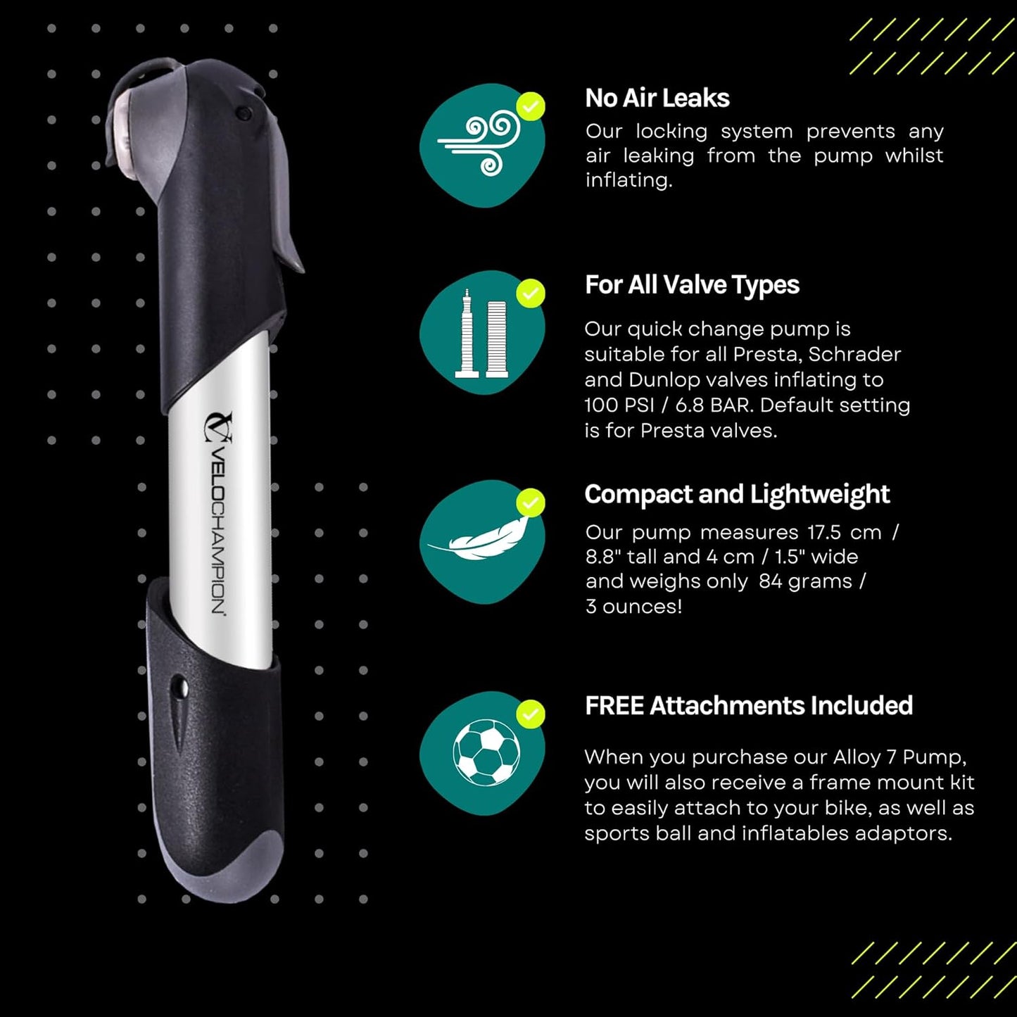 VeloChampion Alloy Mini Bike Pump Suitable for Presta, Schrader and Dunlop - Portable, Compact, Durable and Easy to Use