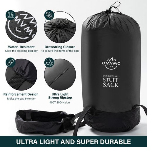 OMVMO Sleeping Bag Stuff Sack, 11L/18L/30L/45L/52L Water-Resistant Compression Sack,Anti-Tear Ultra Light Nylon Storage Bag,Black/Yellow/Orange/Dark Blue/Dark Green/Sky Blue (Black, L/32L)