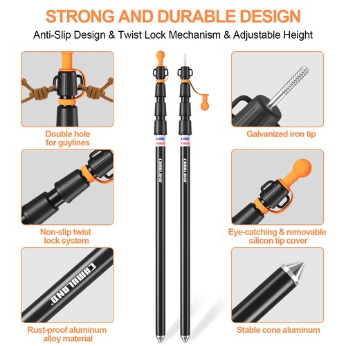 CAMULAND Tent Poles, Heavy Duty Tarp Poles Canopy Poles Aluminum Tent Poles with Non-Slip Cone Bottom, Adjustable Telescoping Tarp Poles