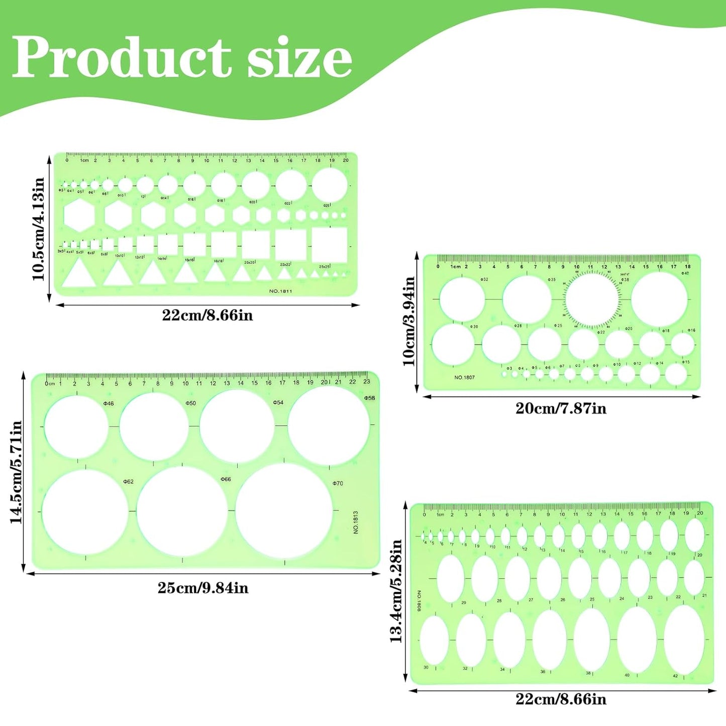 4 Pcs Plastic Circle Stencil Template, Multi-Function Circle Template for Drawings, Drafting Tools, Geometric Measuring Rulers for Office School Building Formwork Drawings(Green)