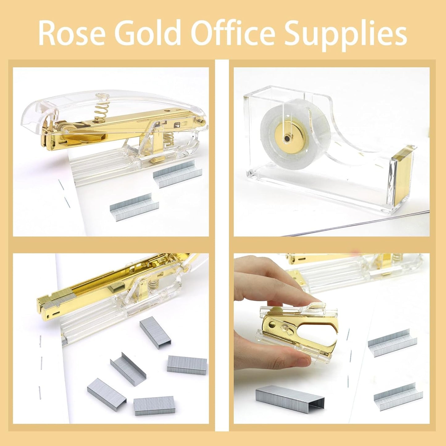 White Office Supplies, UPIHO White Desk Accessories, Stapler and Tape Dispenser Set for Women with Stapler,Tape Dispenser, Staple Remover, Staples,Scissor and Tabs for Students Office Clerks