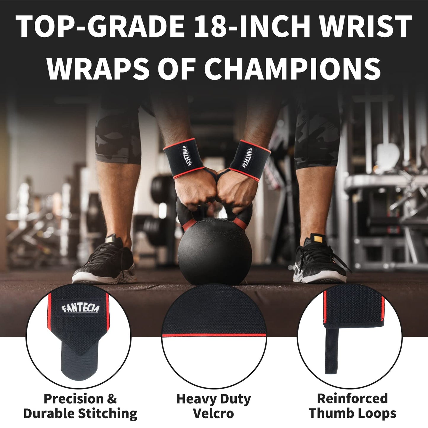 FANTECIA Wrist Wraps for Fitness Strength Training, Professional Grade with Thumb Loops, Wrist Support Braces for Men & Women, Use for Weight Lifting, Bodybuilding, Powerlifting